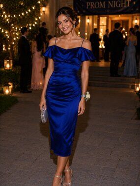 Betsy & Adam Women’s Ruched Satin Gown – Size 6 (Royal Blue)
